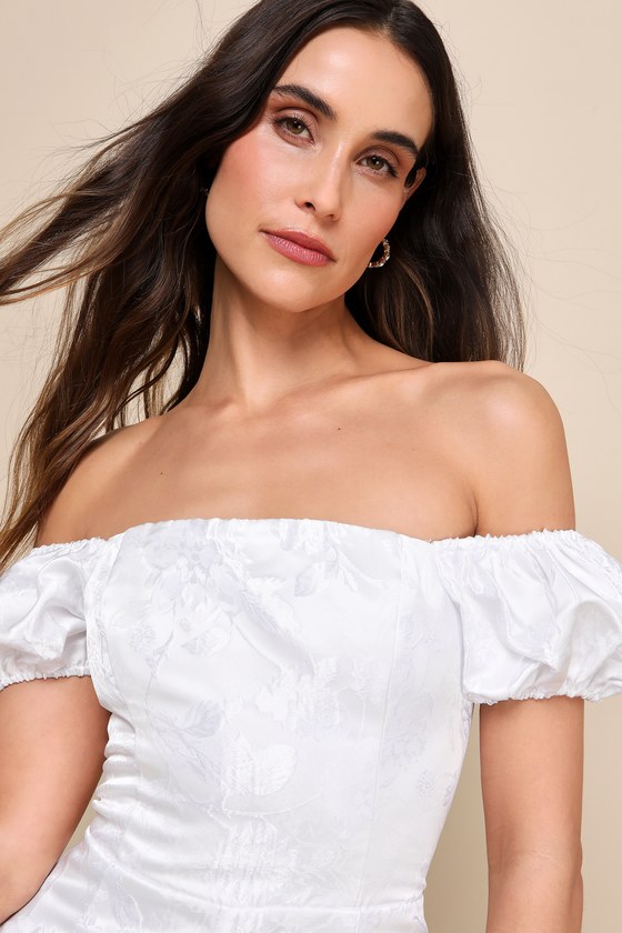 LULUS REDEFINED CLASS WHITE FLORAL JACQUARD OFF-THE-SHOULDER JUMPSUIT 