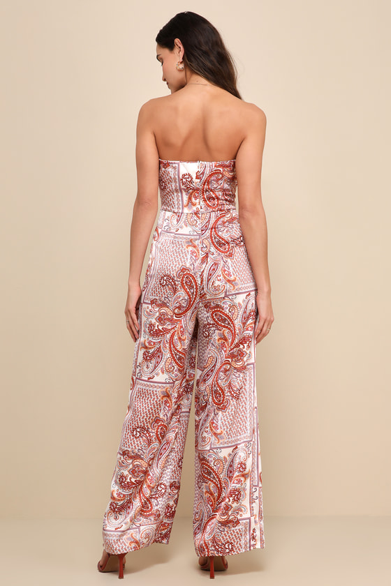 Lulus Aesthetic Perfection Ivory Paisley Tie-front Strapless Jumpsuit In Ivory