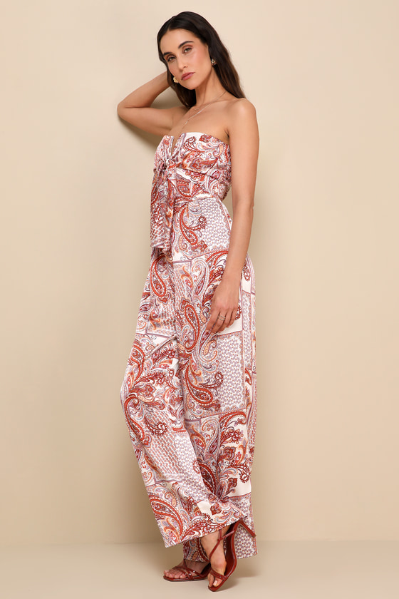 Shop Lulus Aesthetic Perfection Ivory Paisley Tie-front Strapless Jumpsuit