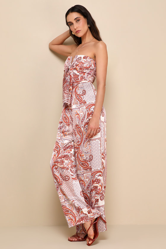 Lulus Aesthetic Perfection Ivory Paisley Tie-front Strapless Jumpsuit In Ivory
