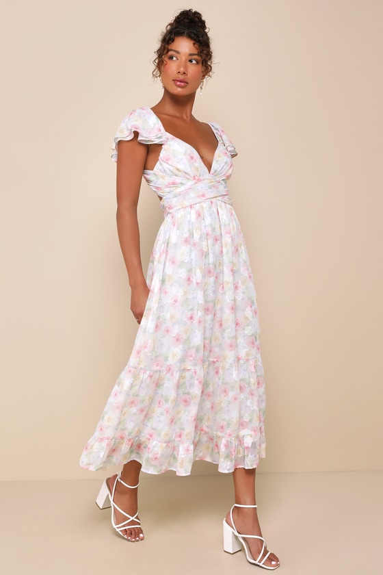 Multi Floral Midi Dress - Lace-Up Backless Dress - Ruffled Dress - Lulus