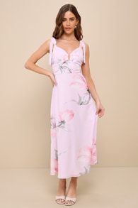 Simply Blissful Pink Floral Tie-Strap A-Line Midi Dress