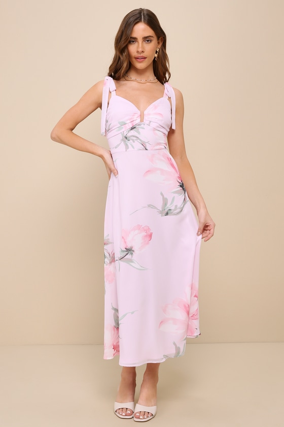 Simply Blissful Pink Floral Tie-Strap A-Line Midi Dress 2