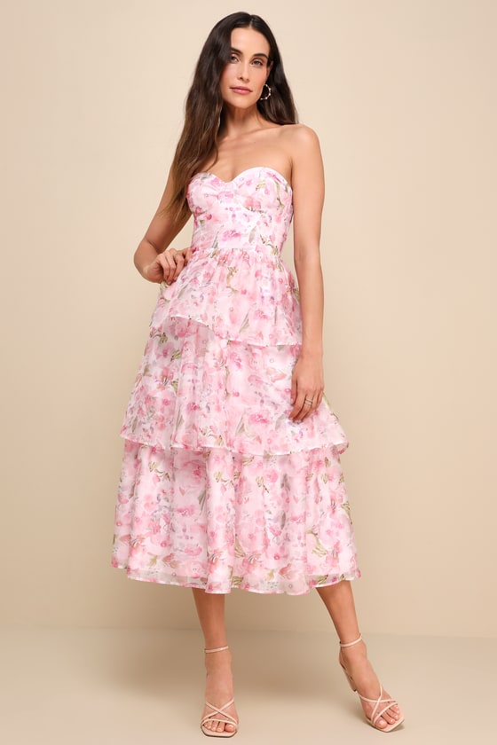 Pristine Cutie Light Pink Floral Organza Bustier Midi Dress 1