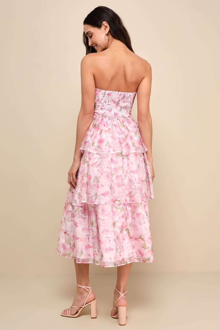 Pristine Cutie Light Pink Floral Organza Bustier Midi Dress