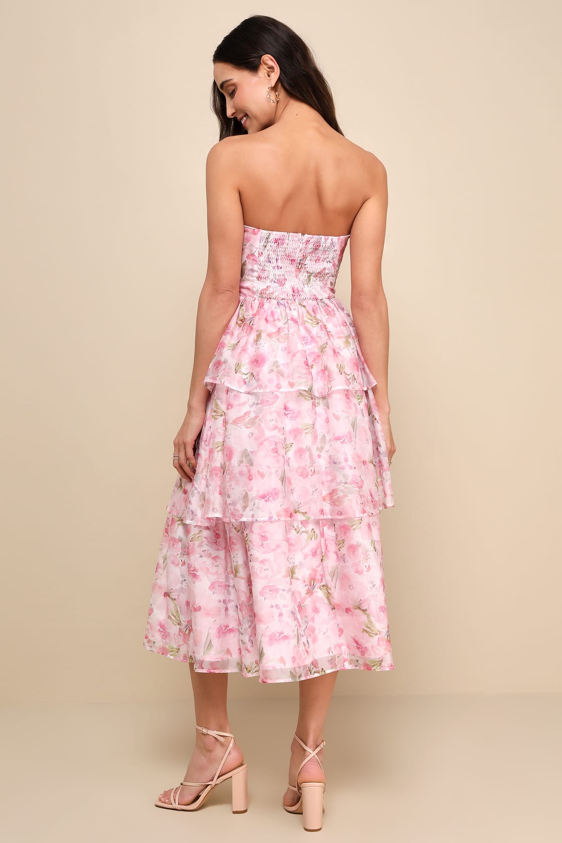 Pristine Cutie Light Pink Floral Organza Bustier Midi Dress