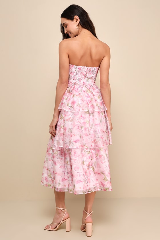 Pink Floral Midi Dress - Tiered Dress - Strapless Bustier Dress - Lulus