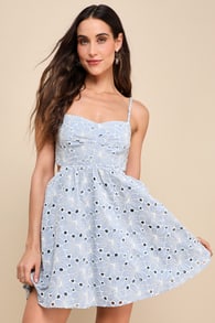 Charming Babe Blue Embroidered Floral Tie-Back Mini Dress