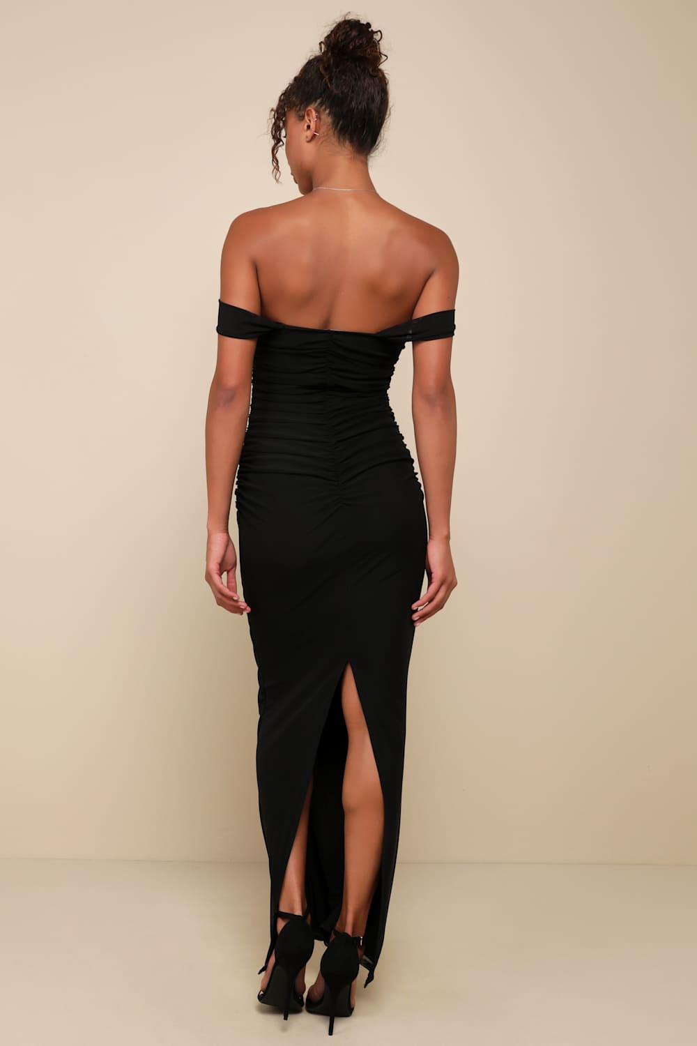 Amazing Presence Black Mesh Ruched Column Maxi Dress