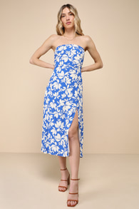 Loveliest Choice Blue Floral Strapless Column Midi Dress
