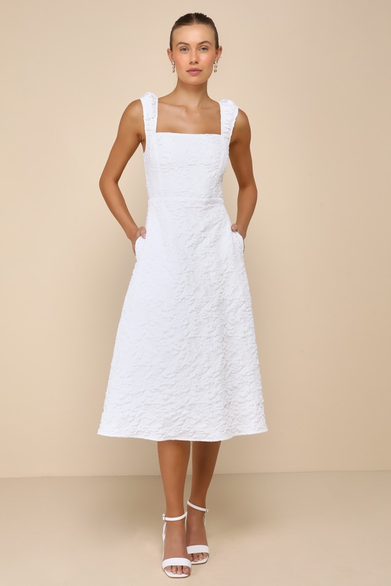 Lulus Springtime Aura White Jacquard Lace-up Midi Dress With Pockets In White