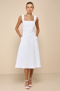 Springtime Aura White Jacquard Lace-Up Midi Dress with Pockets
