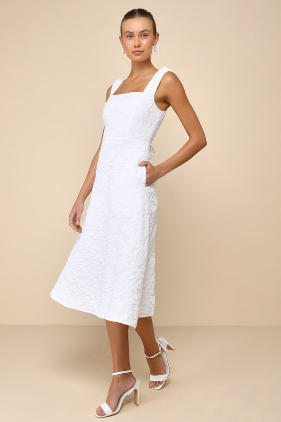 Lulus Springtime Aura White Jacquard Lace-up Midi Dress With Pockets In White