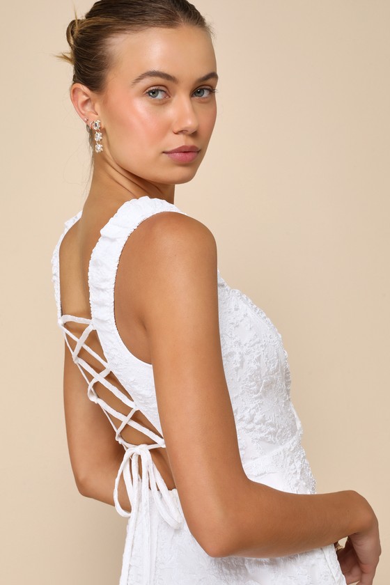 Lulus Springtime Aura White Jacquard Lace-up Midi Dress With Pockets In White