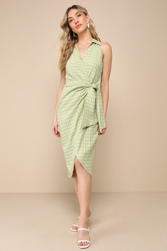 Lulus Complete Poise Green Textured Collared Tie-front Wrap Midi Dress