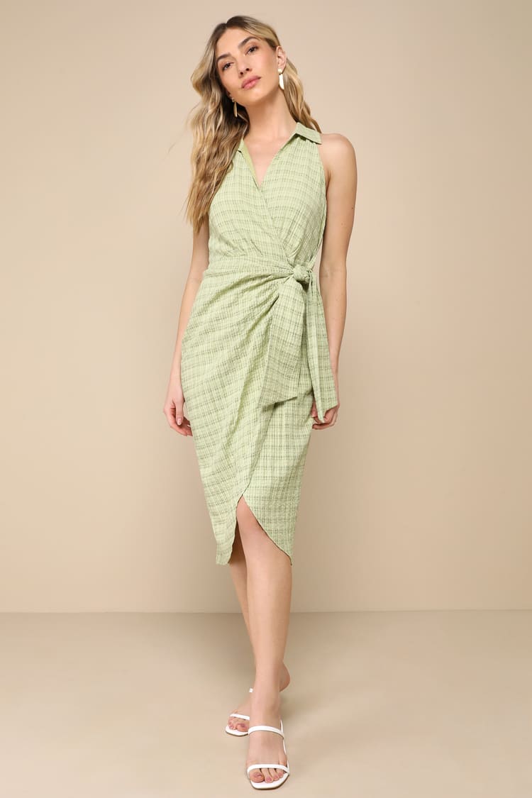Green Textured Dress - Collared Tie-Front Dress - Wrap Midi Dress