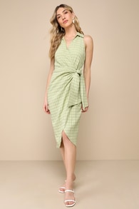 Complete Poise Green Textured Collared Tie-Front Wrap Midi Dress