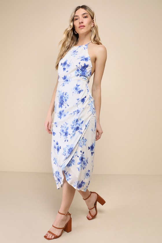 Shop Lulus Blooming Favorite White And Blue Floral Tulip Halter Midi Dress