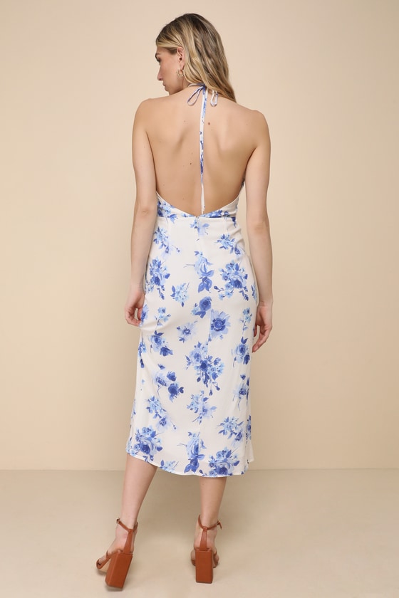 Shop Lulus Blooming Favorite White And Blue Floral Tulip Halter Midi Dress