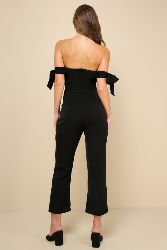 Shop Lulus Luxe Behavior Black Off-the-shoulder Tie-strap Cropped Jumpsuit