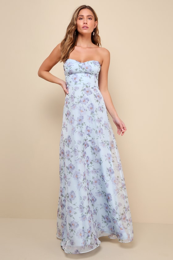 Shop Lulus Chic Preciousness Light Blue Floral Organza Bustier Maxi Dress