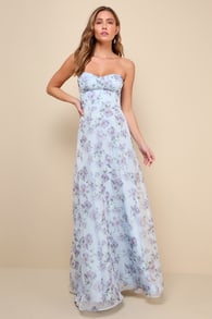 Chic Preciousness Light Blue Floral Organza Bustier Maxi Dress