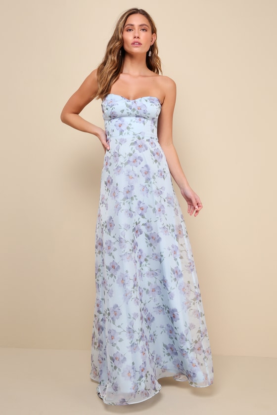 Chic Preciousness Light Blue Floral Organza Bustier Maxi Dress 1