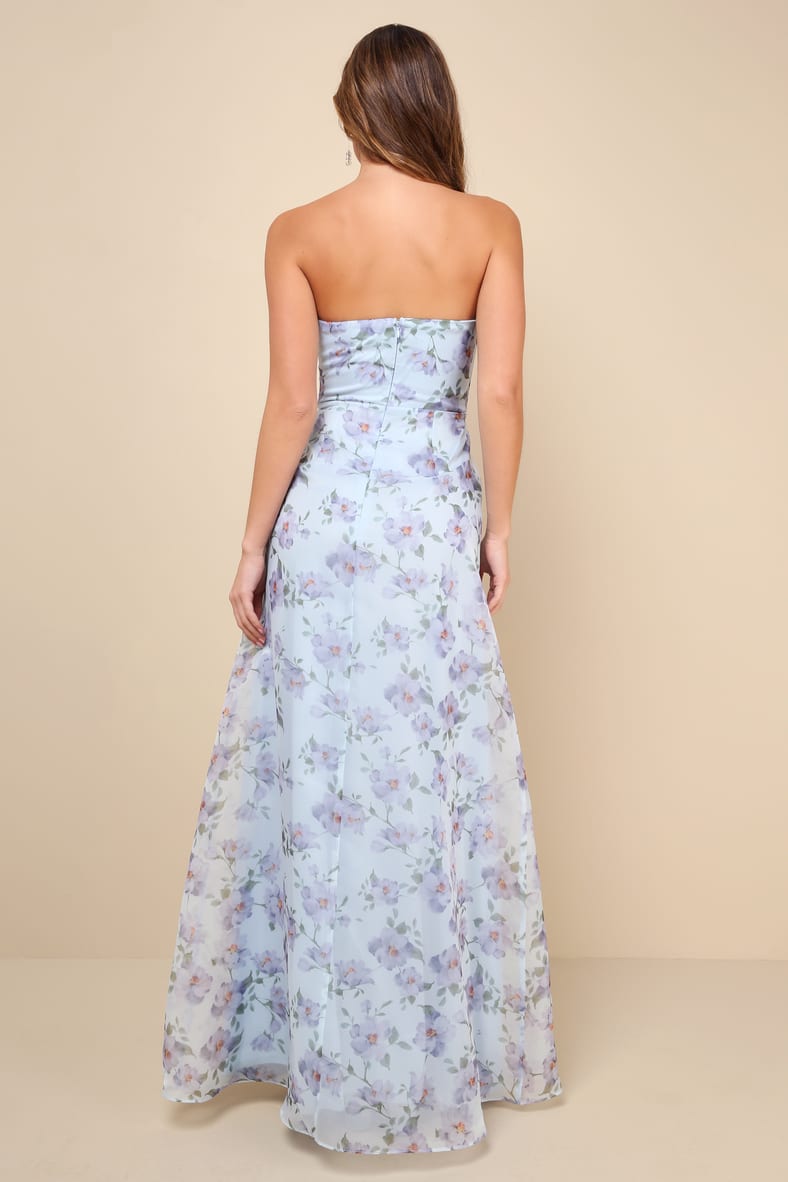 Chic Preciousness Light Blue Floral Organza Bustier Maxi Dress