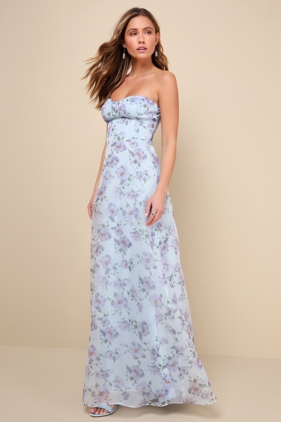 Shop Lulus Chic Preciousness Light Blue Floral Organza Bustier Maxi Dress
