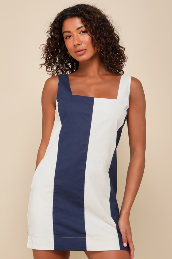 Shop Lulus Mod Moves Ivory And Navy Color Block Linen Bodycon Mini Dress