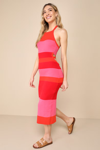 Sunset Perfection Red Striped Knit Cutout Halter Midi Dress