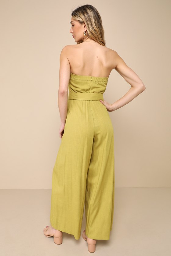 Lighthearted Days Green Linen Belted Strapless Wide-Leg Jumpsuit 3