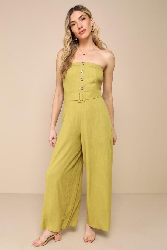 Shop Lulus Lighthearted Days Green Linen Belted Strapless Wide-leg Jumpsuit