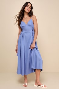 Endlessly Breezy Periwinkle Linen Smocked Lace-Up Midi Dress