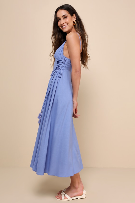 Endlessly Breezy Periwinkle Linen Smocked Lace-Up Midi Dress 2