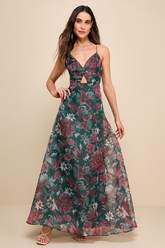 Lulus::Organza Tiered マキシドレス:L[RESALE] Green Floral Organza Dress - Tiered Floral Gown - Black Gown