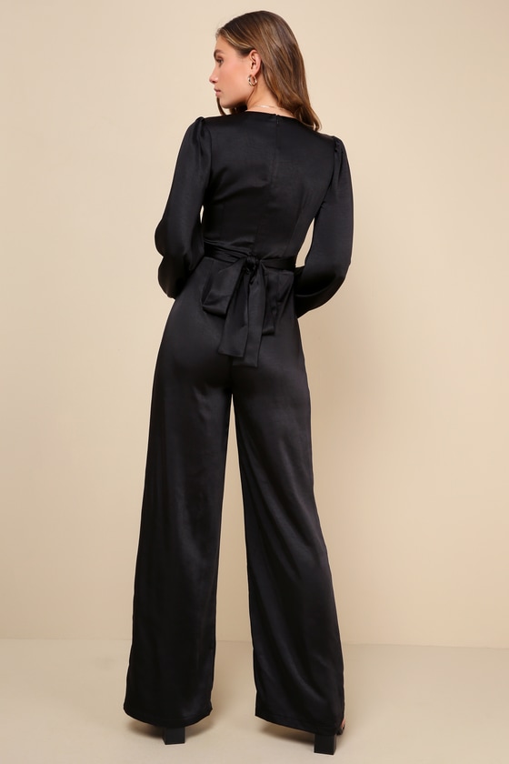 Sensational Evening Black Satin Tie-Front Long Sleeve Jumpsuit 2