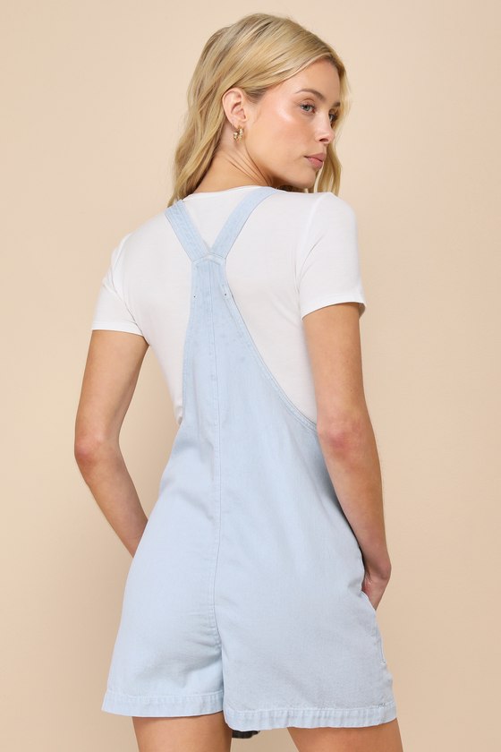 Shop Lulus Summer Activities Light Wash Cotton Tie-strap Overall Romper In Blue