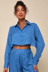 Getaway Aesthetic Blue Textured Cropped Tie-Back Button-Up Top