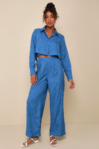Getaway Aesthetic Blue Textured Wide-Leg High-Rise Pants