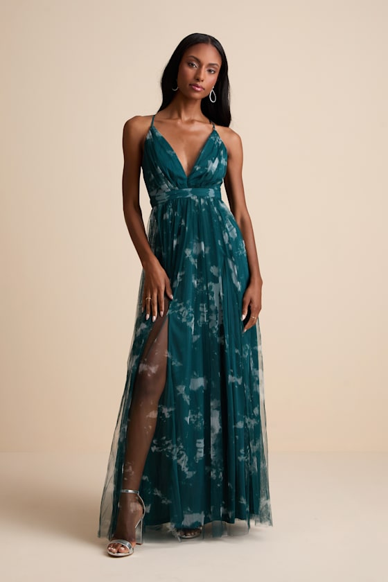 Glam Tie-Dye Gown - Green Tie-Dye Maxi - Slit Leg Maxi Dress