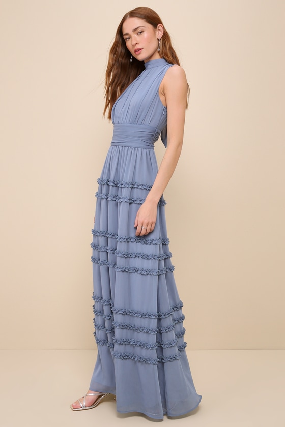 Shop Lulus Enchantingly Sweet Slate Blue Chiffon Backless Maxi Dress In Dusty Blue