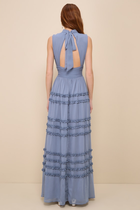 Shop Lulus Enchantingly Sweet Slate Blue Chiffon Backless Maxi Dress In Dusty Blue