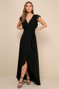 Ravishing Charm Black Ruffled Wrap High-Low Maxi Dress