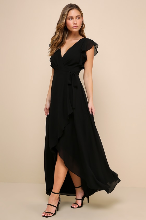 Lulus Ravishing Charm Black Ruffled Wrap High-low Maxi Dress In Black
