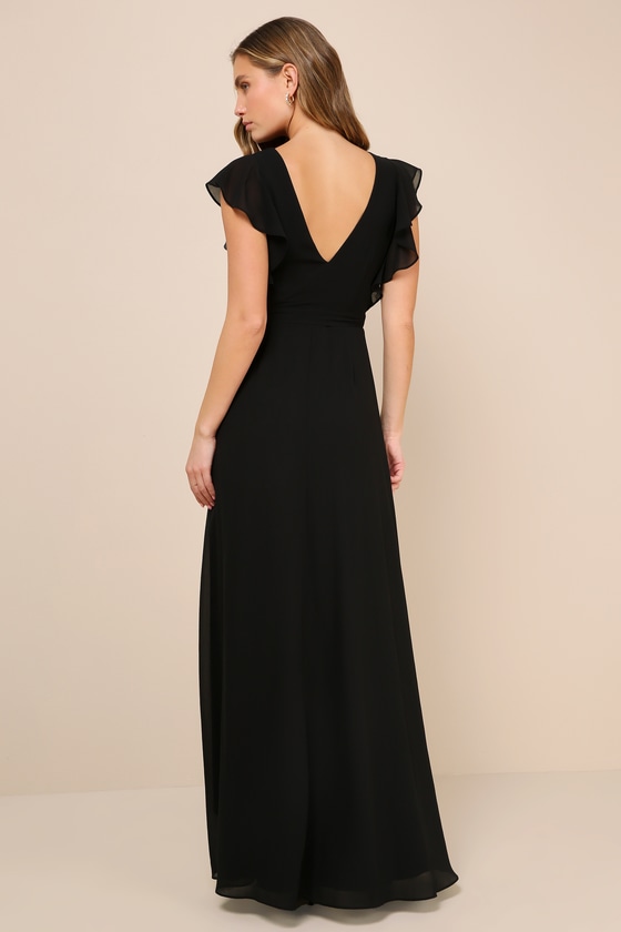 Ravishing Charm Black Ruffled Wrap High Low Maxi Dress