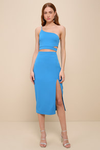 Gorgeous Fate Bright Blue One-Shoulder Two-Piece Midi Dress