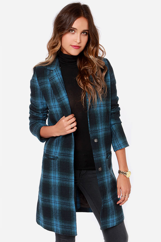Plaid Coat Blue Coat Flannel Coat Overcoat Oversized Coat