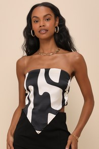 Iris Black and Ivory Abstract Satin Strapless Handkerchief Top