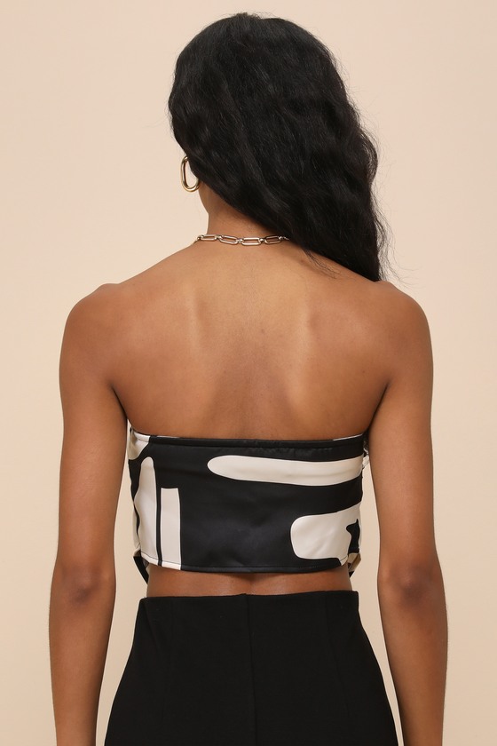 Iris Black and Ivory Abstract Satin Strapless Handkerchief Top 2